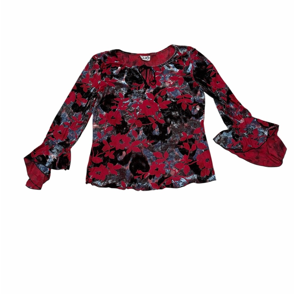 Clio Red and Black Floral Ruffle-Sleeve Long Sleeve Top